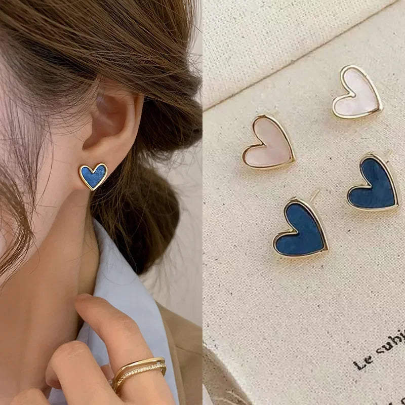 Cute Korean Earrings Heart Bling Zircon Stone Blue Color Stud Earring for Women Fashion Designer Jewelry 2024 Aretes De Mujer