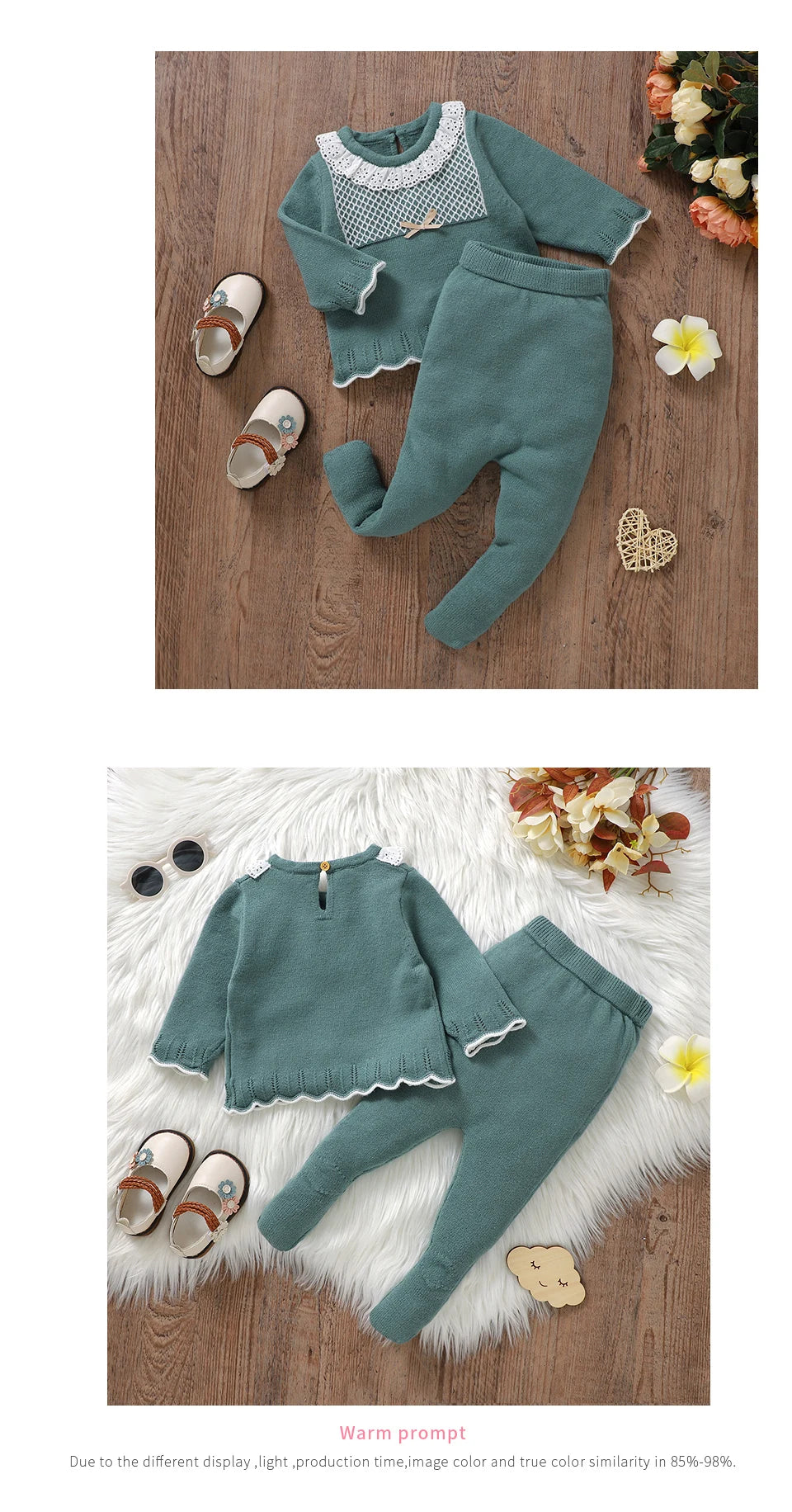 2pcs New Born Infant Clothes Spring Autumn Winter Toddler Kids Girls Crew Neck Long Sleeve Sweaters Tops+Pants Outfits 0-9M Wear