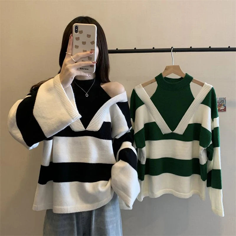 Y2K Stripe Halter Women Sweaters Korean Knitted Loose Patchwork Female Pullovers Autumn Preppy Style All Match Chic Ladies Tops