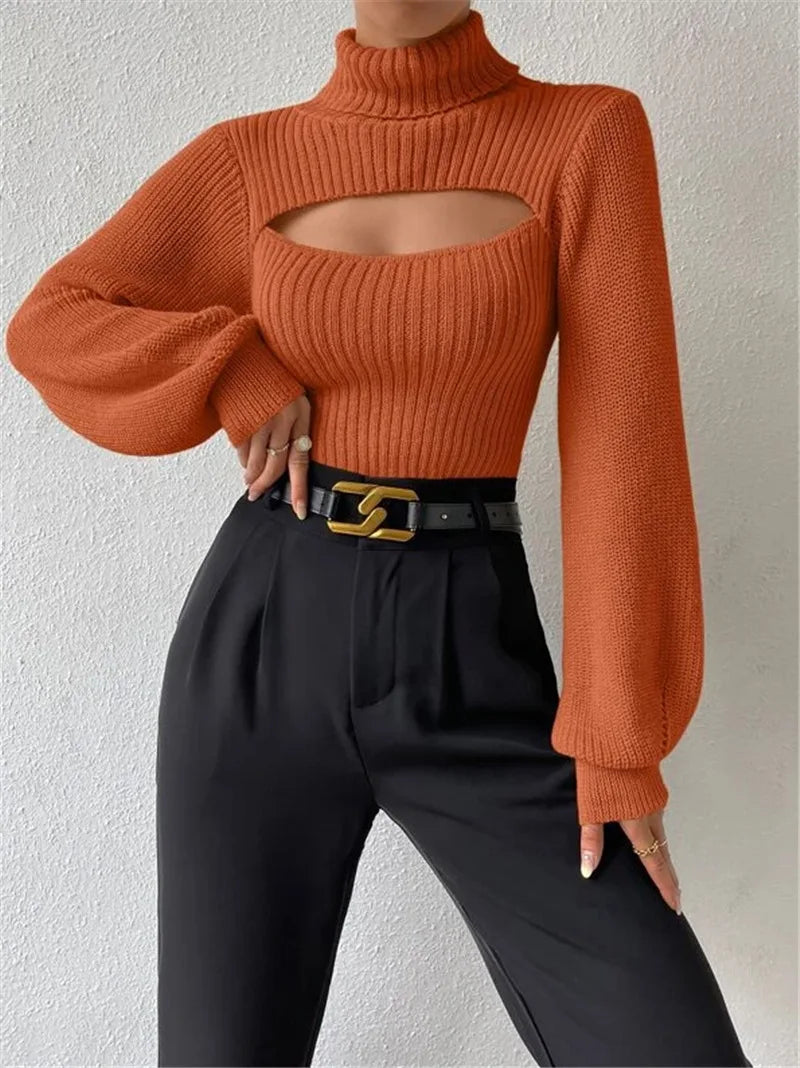 Chest Hollowed-out Sexy Sweater Design Sexy Loose Matching Sweater Fall Winter Turtleneck Hollowed-out Sweater Women Wear Top