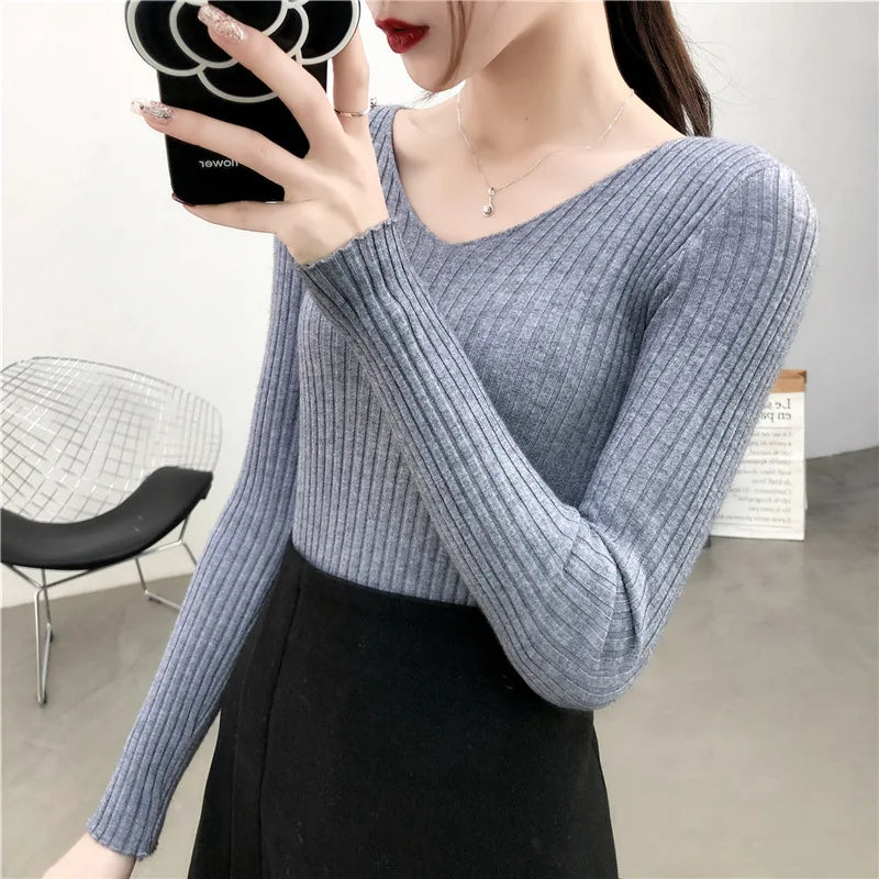 Autumn Winter Knitted V Neck Women Sweaters Casual Long Sleeve Pullover Soft Warm Sweater Femme Fashion Basic Solid Jersey Tops