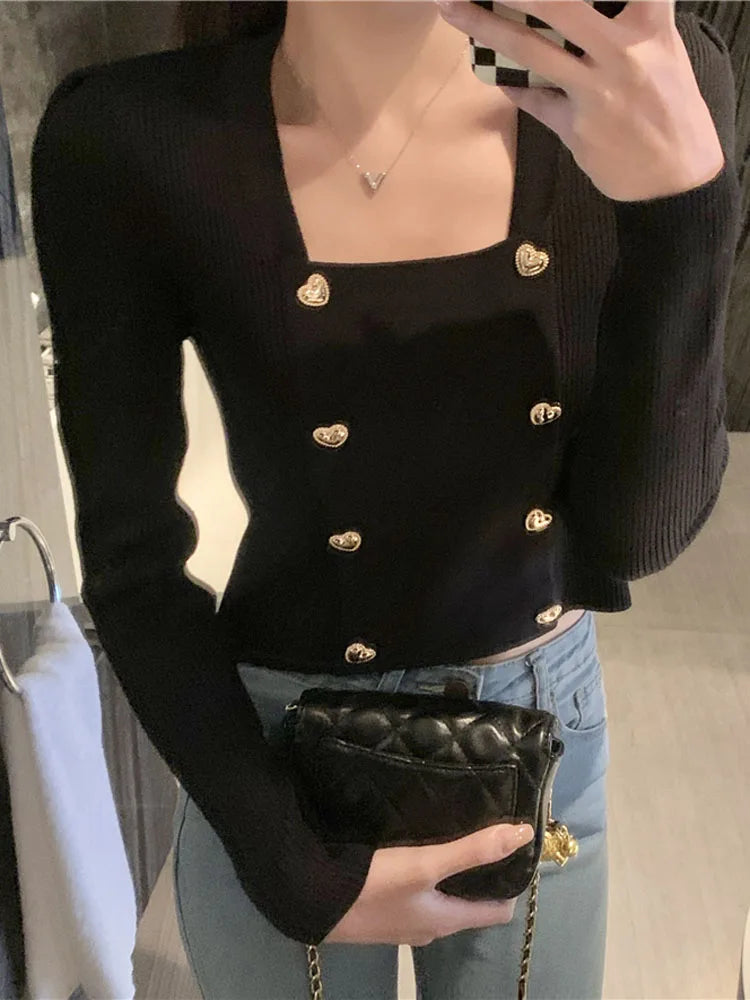 Short Square Collar Crop Top Knitted Sweater Women Korean Clothes Love Button Long Sleeve Sweaters 2022 Autumn Winter Pullover