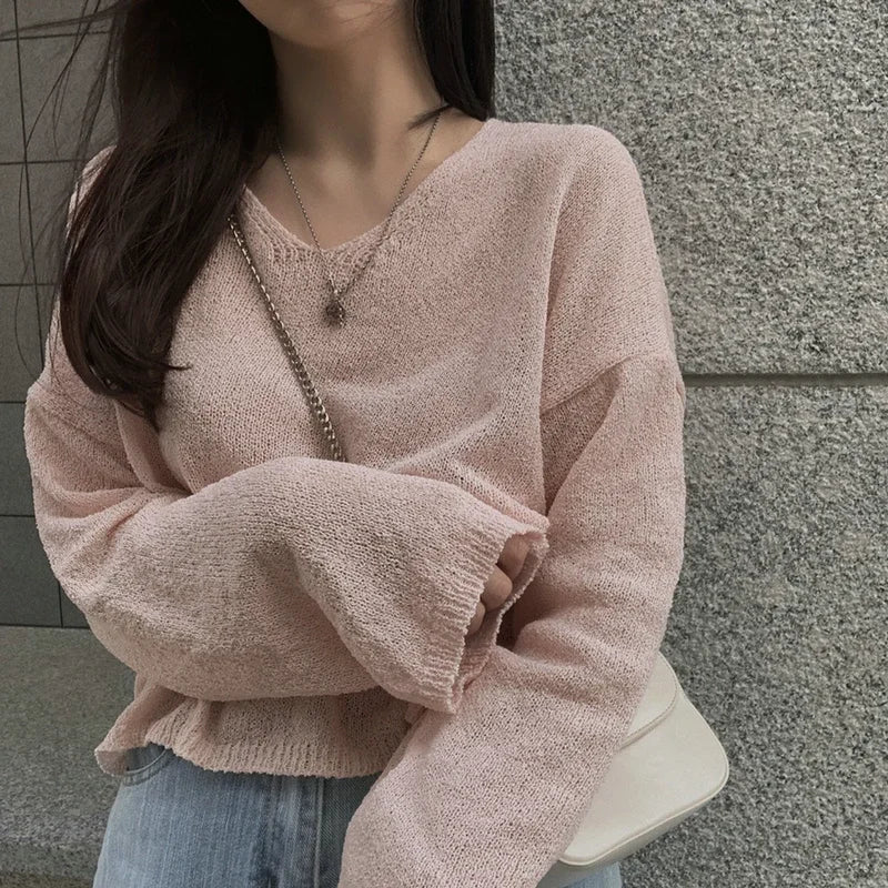 ITOOLIN Women V-Neck Loose Knitted Sweaters Long Sleeve Solid Casual Pullovers Sweater Women Streetwear Spring Autumn 2024