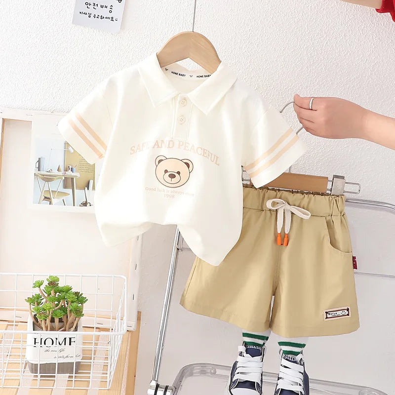 New Summer Baby Boys Clothing Set Cartoon Bear Polo T-shirt+Shorts Pants 2Pcs Suit For 1 2 3 4 5 Years Kids Casual Outfit