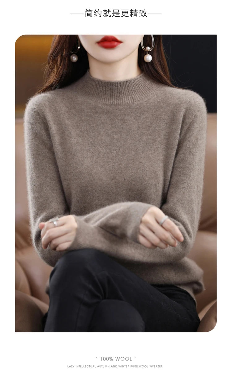 100% merino wool cashmere sweater women's sweater semi-high-necked long-sleeved pullover warm pullover in autumn and winter