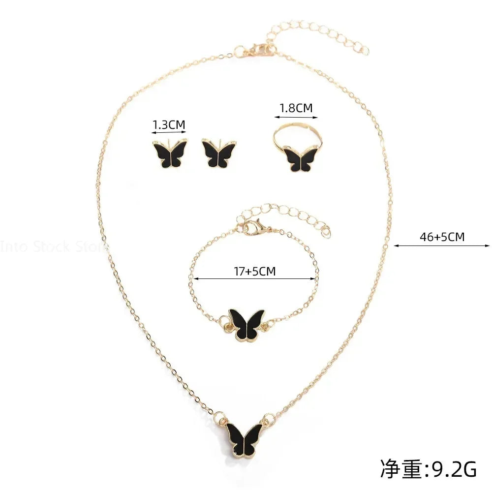 New Personalized Butterfly Glazed Bracelet Ring Necklace Earring, Exquisite Small and Fashionableand High Sense Collar Chain Set