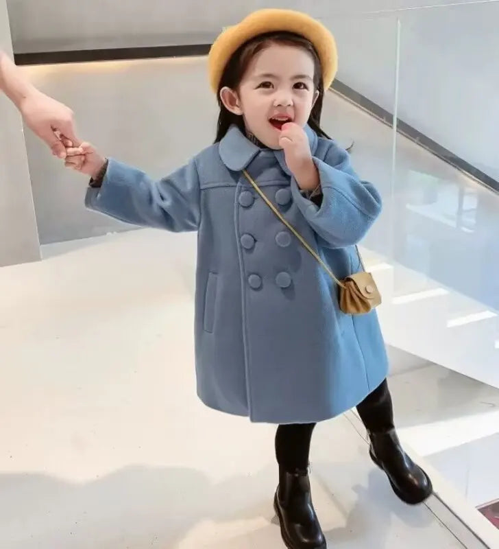 Winter Girl Baby Jacket Outdoor Cardigan Children's Medium Length Woolen Cotton Coat Thickened Double Breasted Jacket New 2024