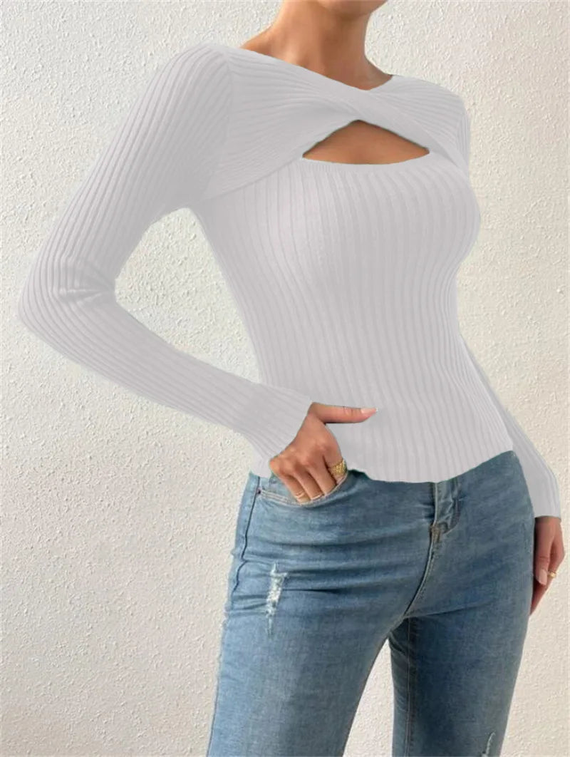 Casual Long Sleeve Hollow Out Irregular Round Neck T Shirts Basic Tee Sweater Top Lightweight Sweaters for Women Autumn