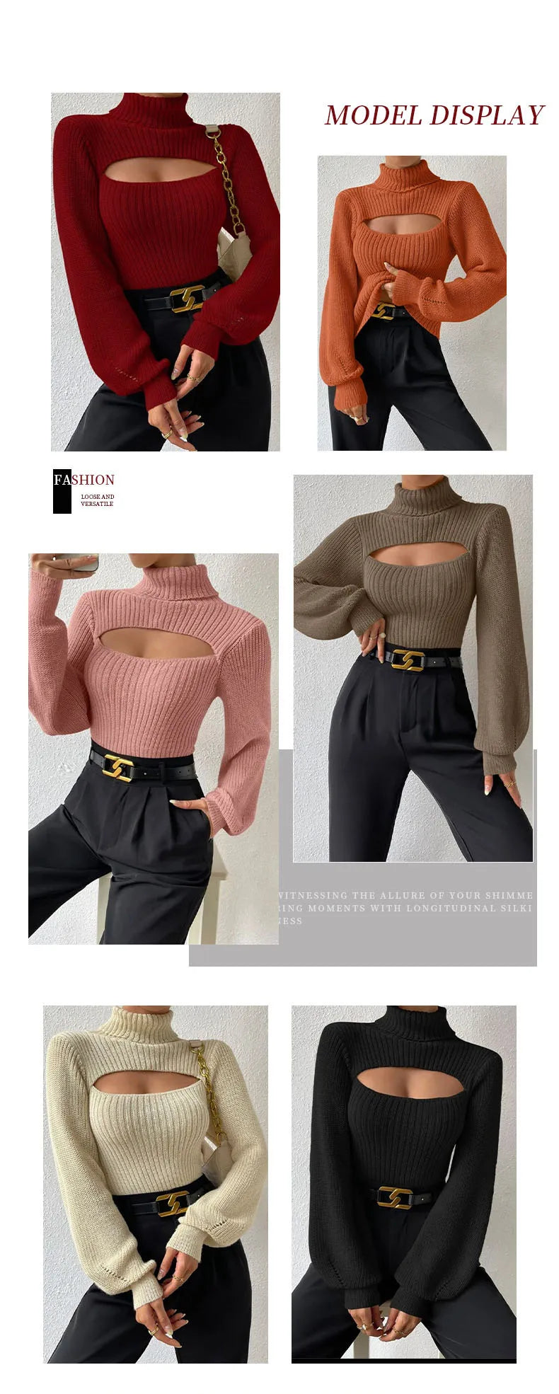 Chest Hollowed-out Sexy Sweater Design Sexy Loose Matching Sweater Fall Winter Turtleneck Hollowed-out Sweater Women Wear Top