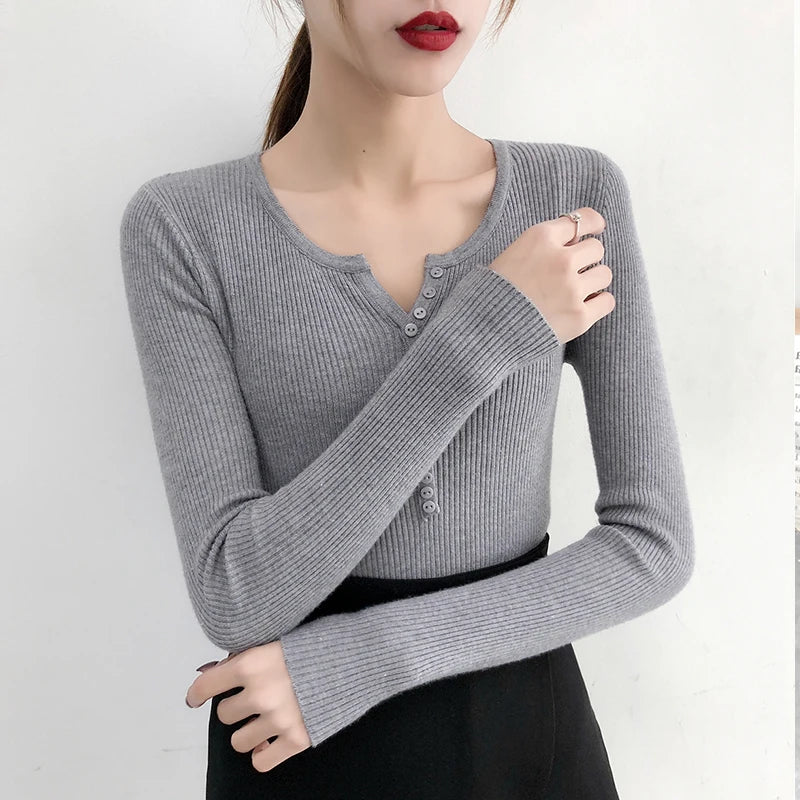 Autumn Winter Button V Neck Sweater Women Basic Solid Slim Pullover Women Sweaters Knitted Casual Jumper Ladies Tops