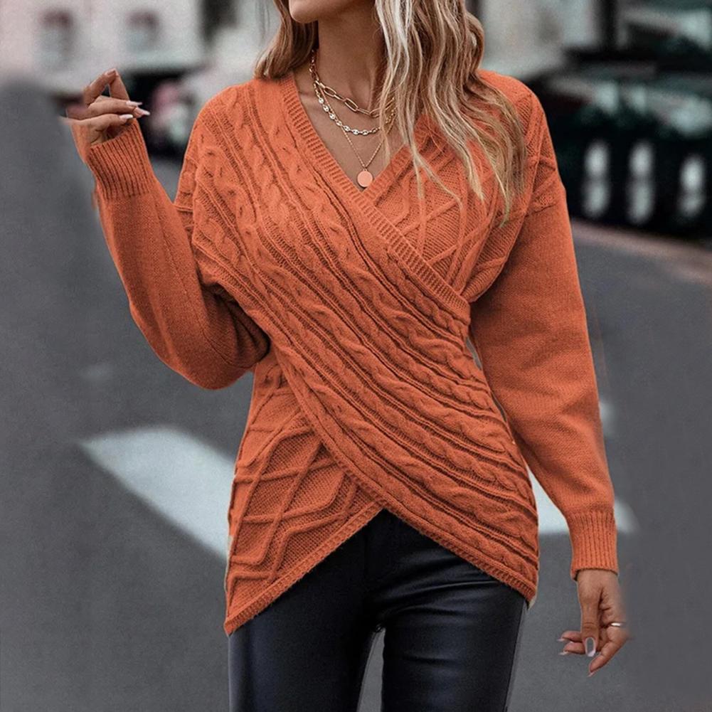 Women Knitted Pullover Stylish Twist Pattern Knitting Sweater Autumn Winter Slim Fit Women Sweater V Neck Solid Color Knitwear