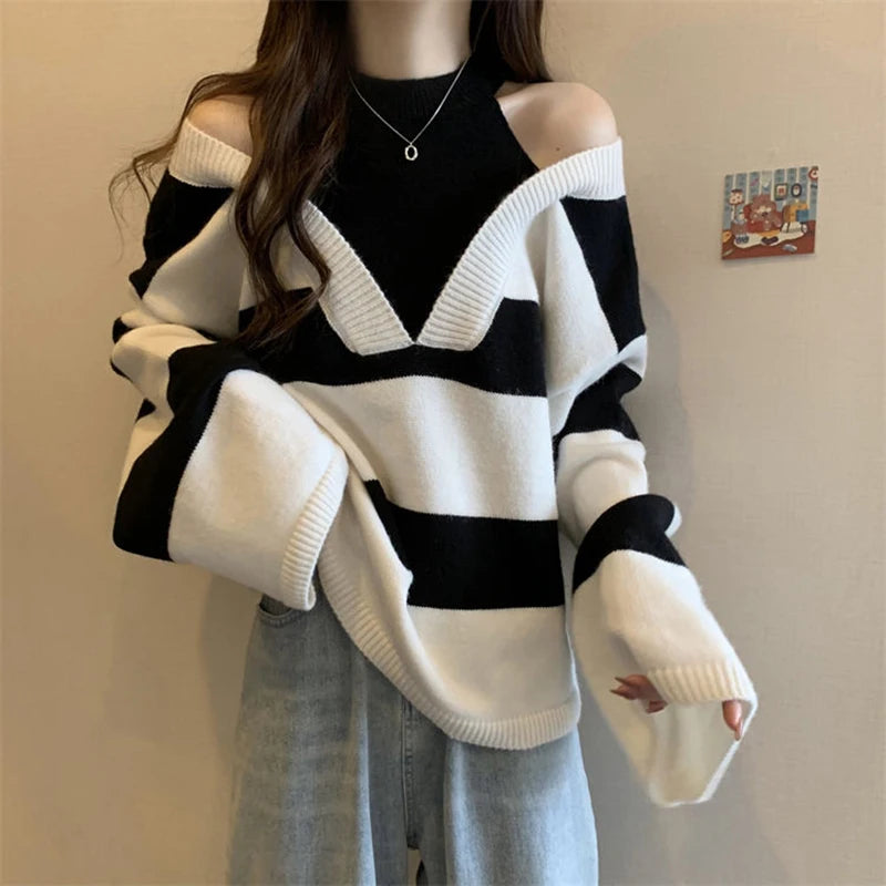 Y2K Stripe Halter Women Sweaters Korean Knitted Loose Patchwork Female Pullovers Autumn Preppy Style All Match Chic Ladies Tops