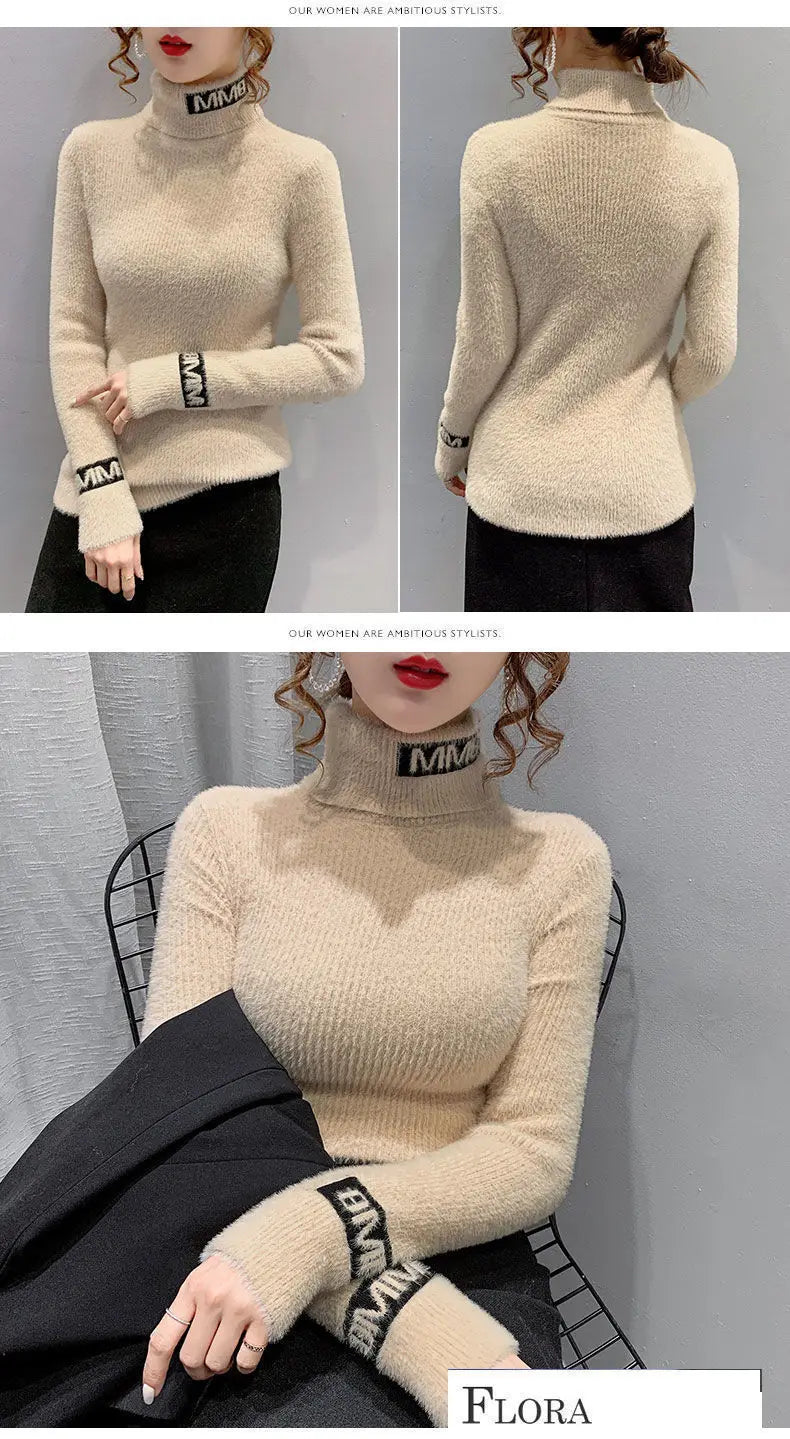 Autumn Winter New Letter Printing Sweaters Long Sleeve High Neck Solid Color Slim Youth Pullovers Elegant Fashion Women Clothing