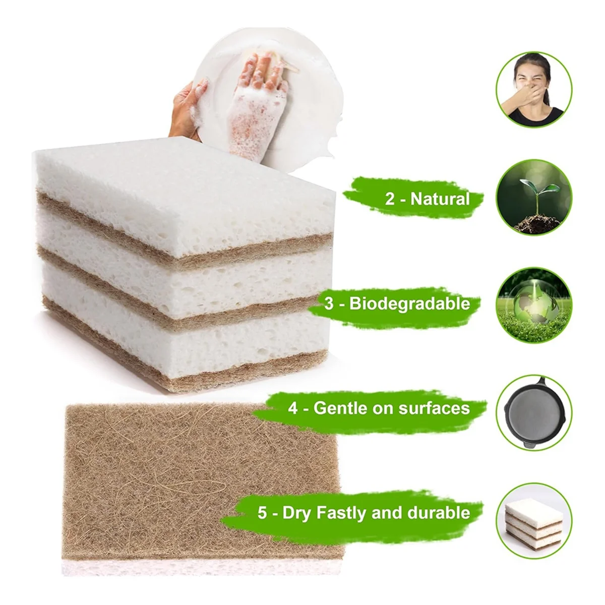 Eco-Friendly Natural Sponges for Dishes 12 Pack - Biodegradable Kitchen Sponge with Compostable Coconut Scrubber