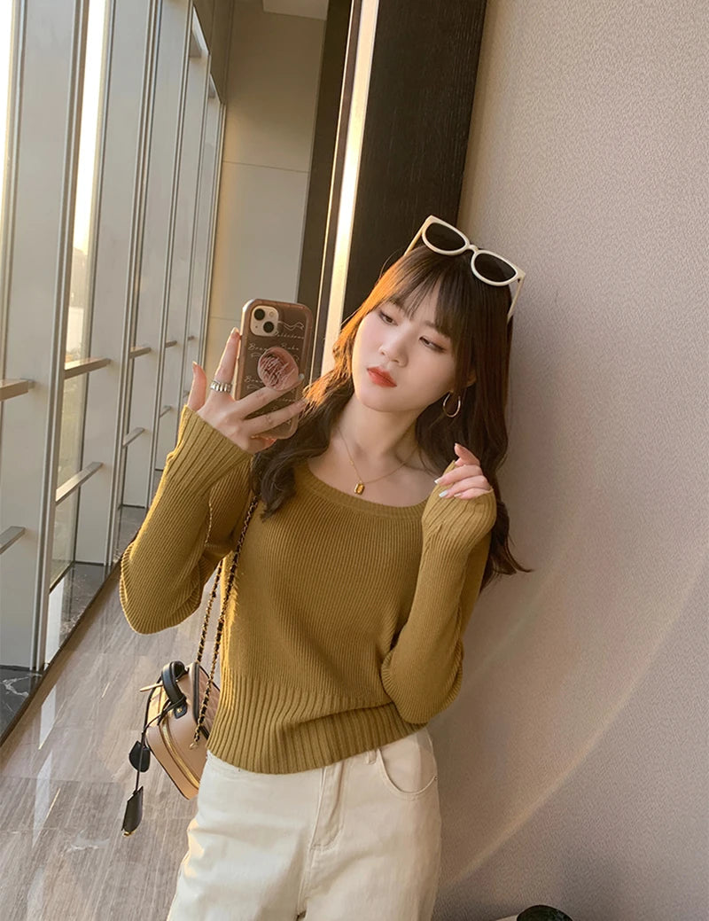 Autumn Winter Fashion Sweater Slim Knitted Pullover Women Square Collar Soft Solid Jumper Casual All Match Female Tops 2024 New