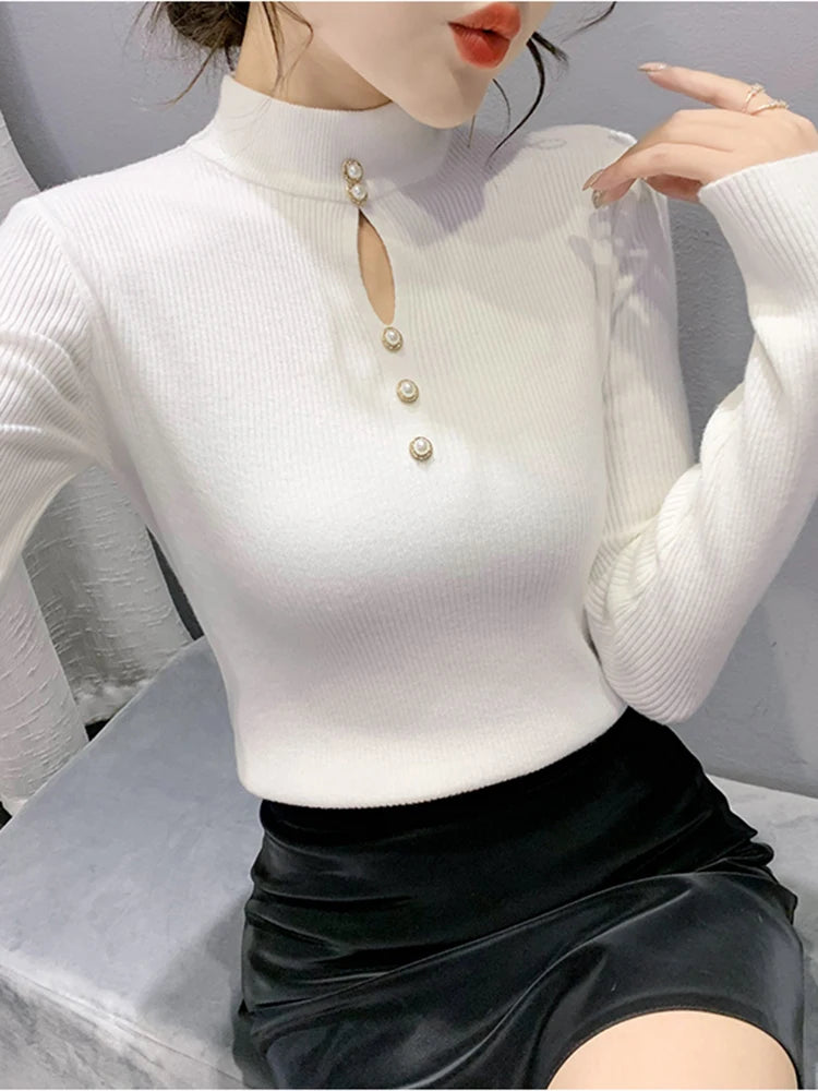 Autumn Winter Pullovers Women Hollow-out Sweaters Long Sleeve Half High Collar Sweater Female Slim Korean Knitwears Tops 2024