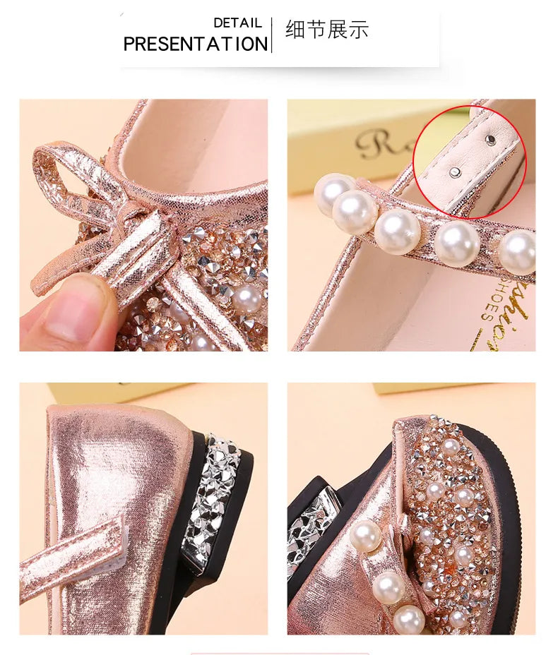 Summer Girls Shoes Bead Mary Janes Flats Fling Princess Glitter Shoes Baby Dance Shoes Kids Sandals Children Wedding Shoes Gold