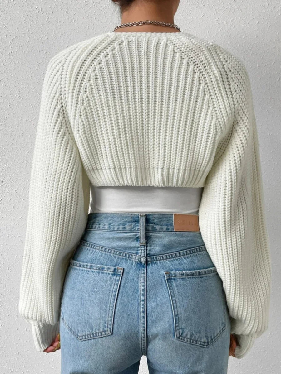 Women Spring Fall Ribbed Knit Sweater Cardigan V-Neck Long Sleeve Solid Cropped Shrug Sweater Bolero Tops Casual Outerwear