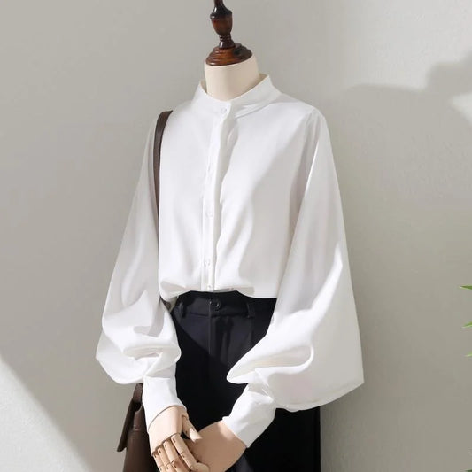 Woman Spring Autumn Style Blouses Shirt Lady Long Lantern Sleeve Stand Collar Loose Blusas Tops DF4847