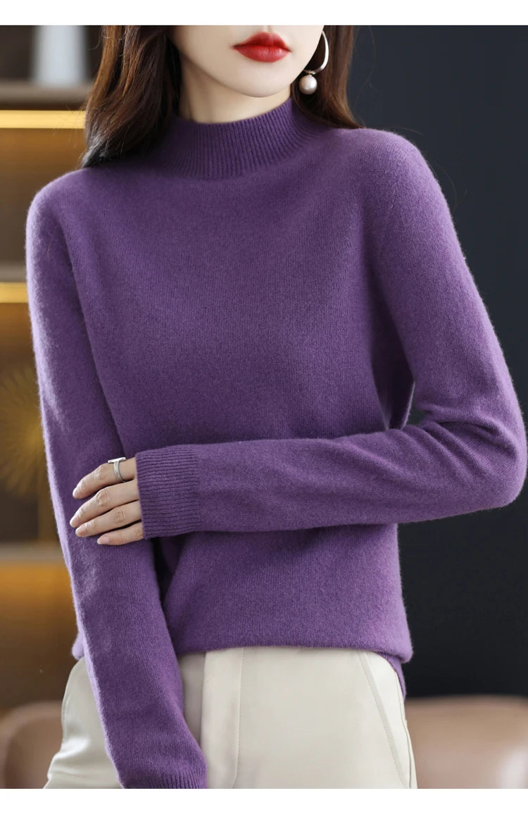 100% merino wool cashmere sweater women's sweater semi-high-necked long-sleeved pullover warm pullover in autumn and winter