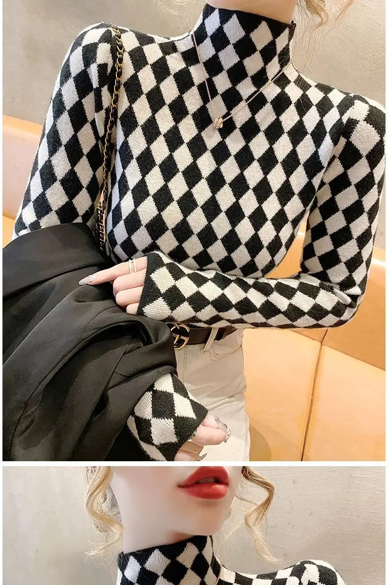 Women Clothing Fashion Elegant Mock Neck Long Sleeve Pullovers Spring Autumn Chic Slim Plaid All-match Tops Office Lady Sweaters