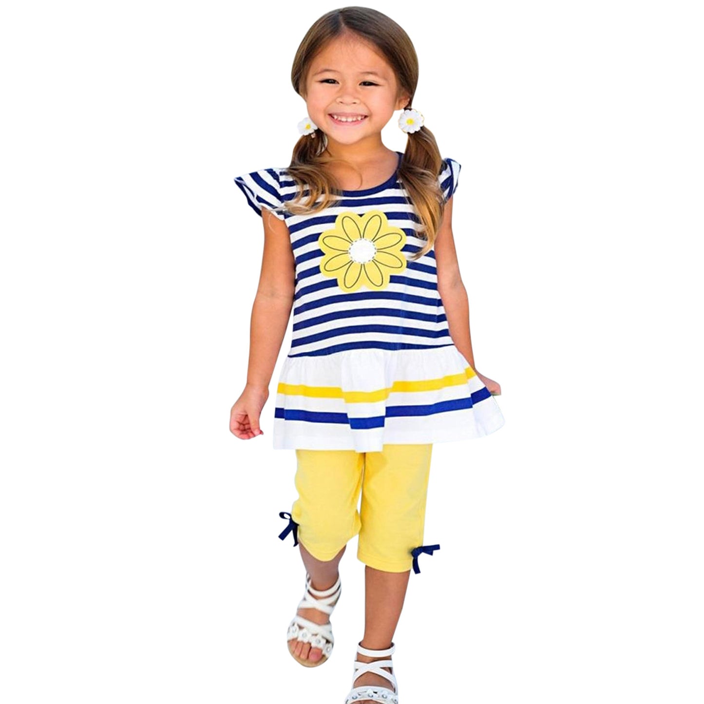 2Pcs Clothes Set 1-8Y Toddler Kids Girls Summer Clothing Sunflower Daisy Striped T Shirt Tops+Pants Leggings Infant Outfits Sets