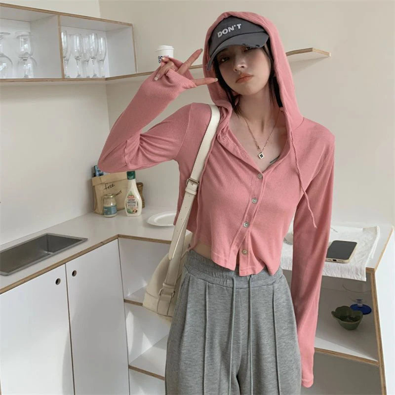 Fall Women Knitted Hooded Cardigan Korean Loose Streetwear Single Breasted Crop Tops Woman Solid Long Sleeve Knitwear