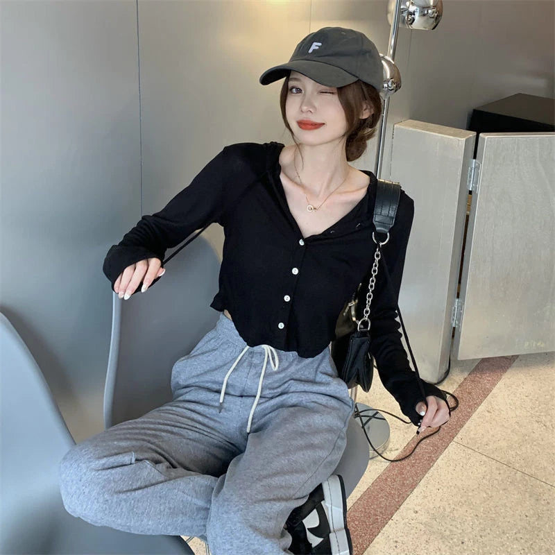 Fall Women Knitted Hooded Cardigan Korean Loose Streetwear Single Breasted Crop Tops Woman Solid Long Sleeve Knitwear