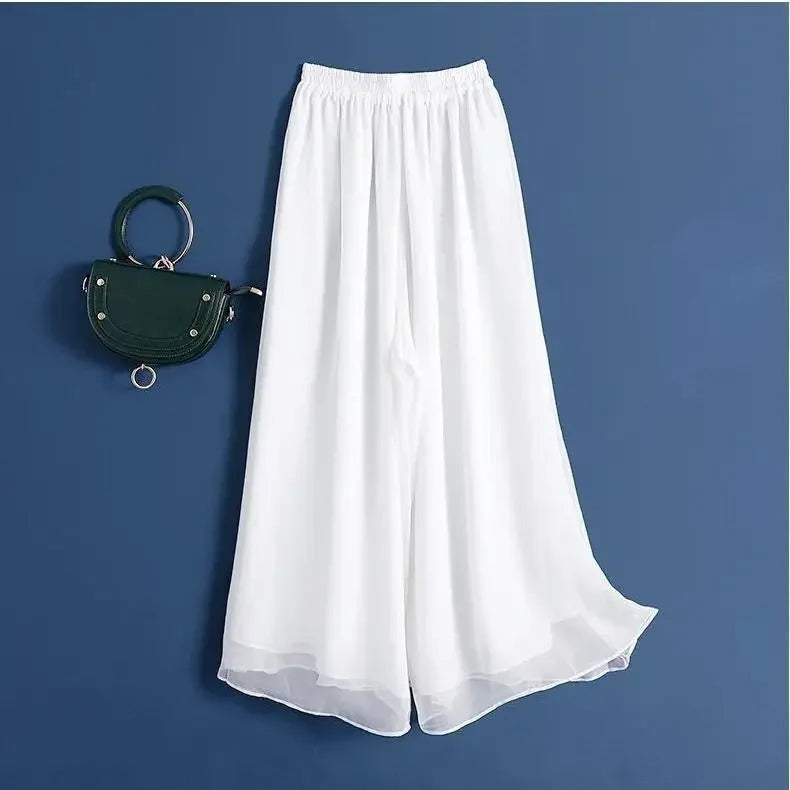 New Summer White Drape Chiffon Wide-Leg Pants Casual Chiffon Trousers Pants Women Clothing Loose High Waist Slim Skirt bd67