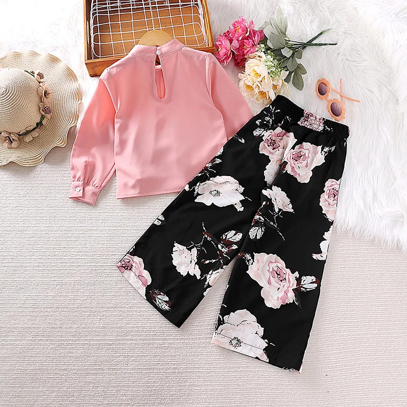 Kids Two Piece Set For Girl Pink Long Sleeve Top + Black Printed Trousers Casual Elegant Vacation Holiday Cute Floral Print Suit