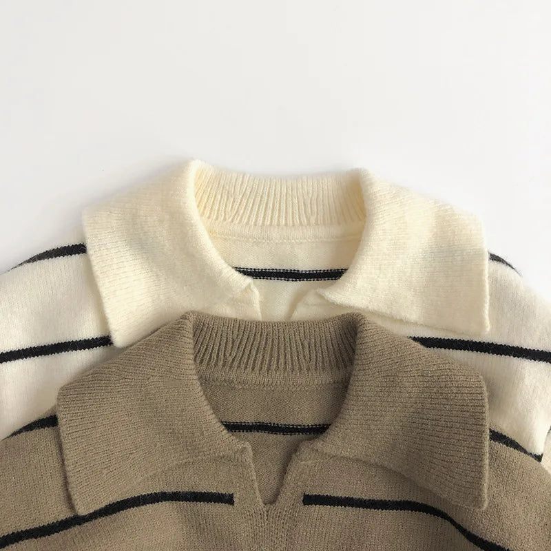 Children's Striped Korean Sweater Spring Autumn V-Neck Pullovers Boys Cotton Turtleneck Sweater Winter Baby Girls Top Clothes