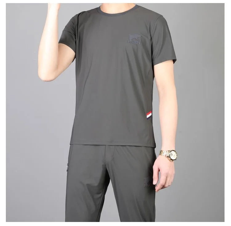 2024 Summer New Shishang Ice Silk Elastic Sports Suit Men's Casual Relaxed Comfortable Breathable High Quality Two-Piece Set 5XL