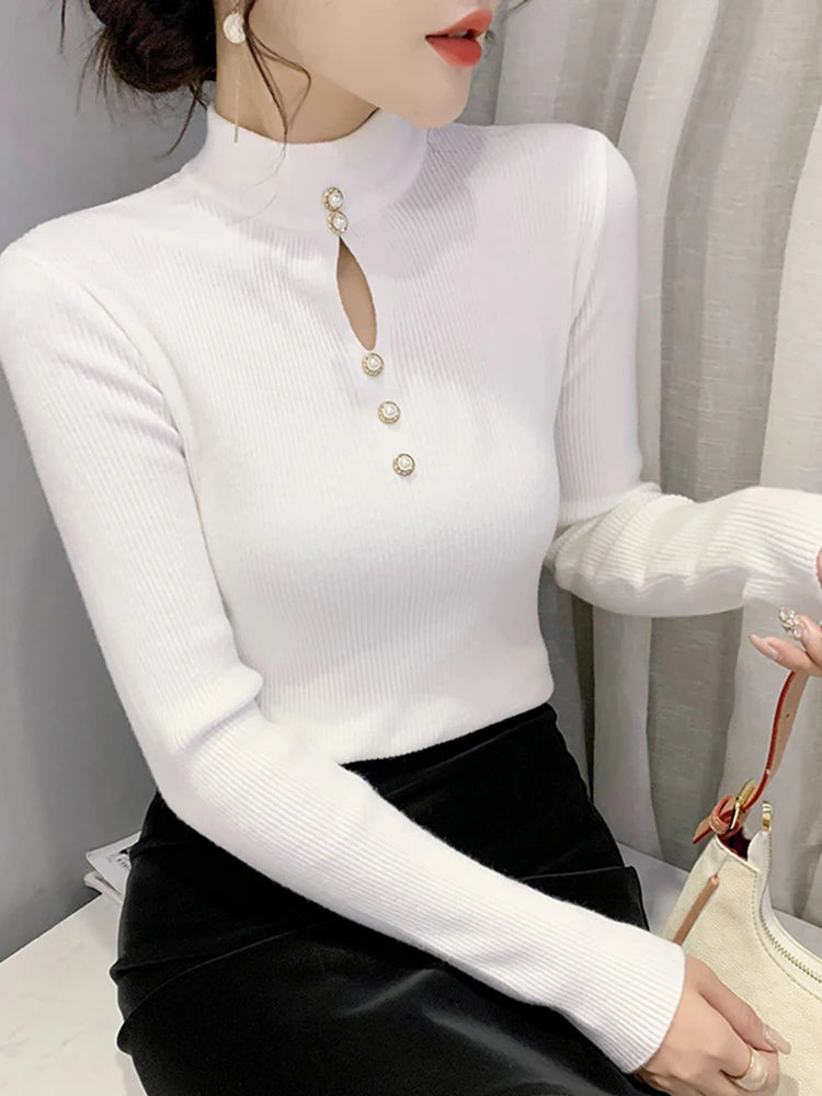 Autumn Winter Pullovers Women Hollow-out Sweaters Long Sleeve Half High Collar Sweater Female Slim Korean Knitwears Tops 2024