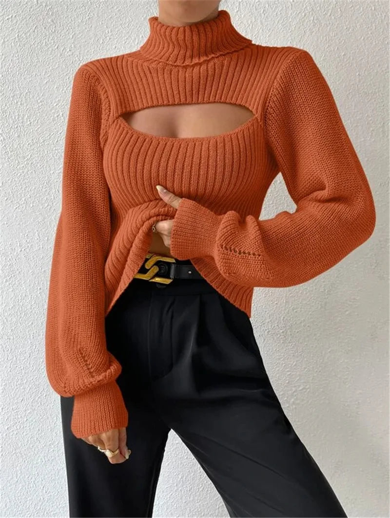 Chest Hollowed-out Sexy Sweater Design Sexy Loose Matching Sweater Fall Winter Turtleneck Hollowed-out Sweater Women Wear Top