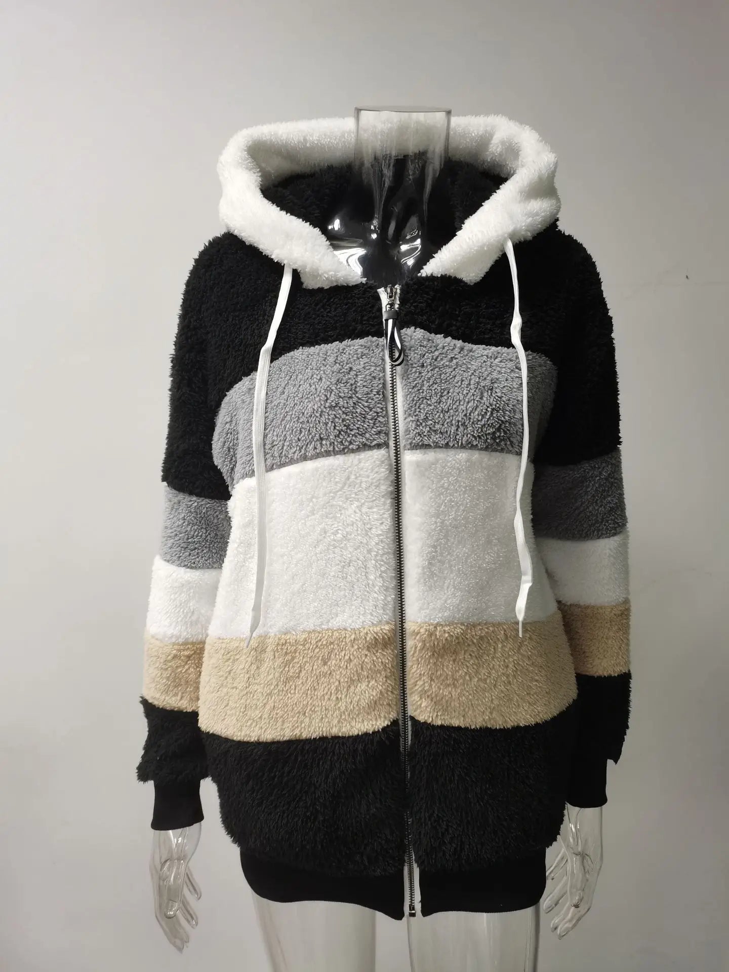 Women Striped Patchwork Fleece Hoodie Coat Autumn Winter Long Lantern Sleeve Loose Cardigan Hoodie Sweatshirt Coats