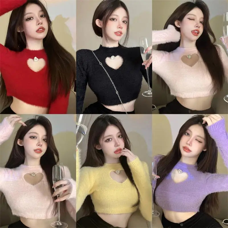 2023 Autumn Winter New Sweater Women's O Neck Diamond-Studded Hollow Love Long Sleeve Slim Short Crop Top