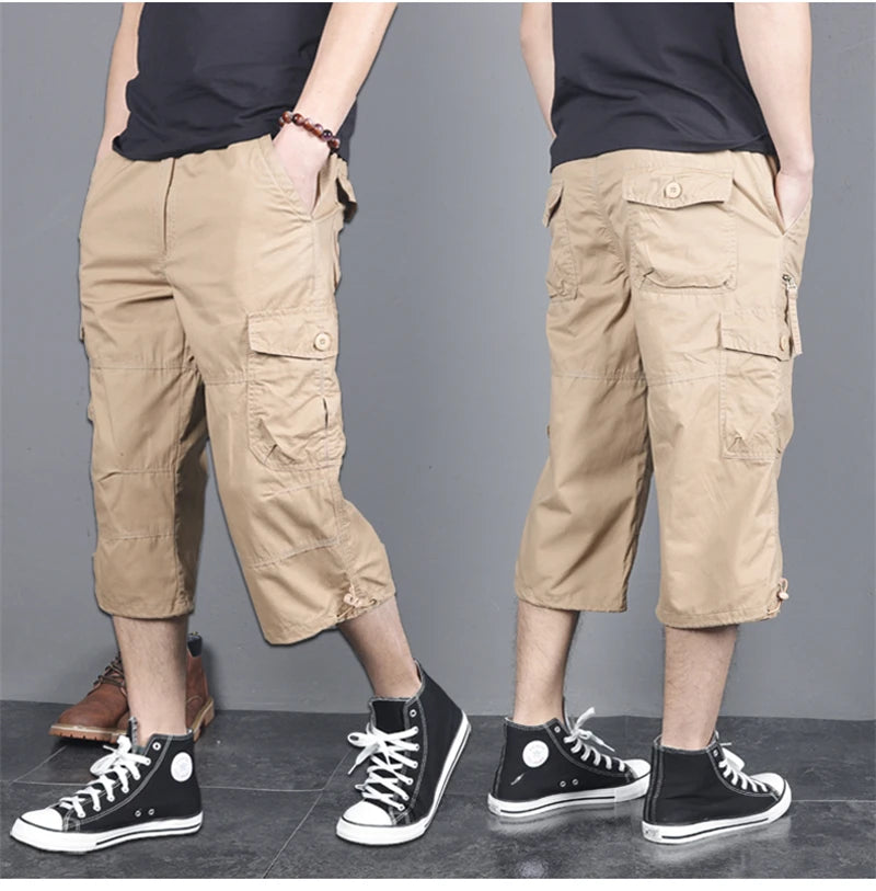 Long Length Cargo Shorts Men Summer Multi-Pocket Casual Cotton Elastic Capri Pants Men Military Tactical Short Hot Breeches 5XL