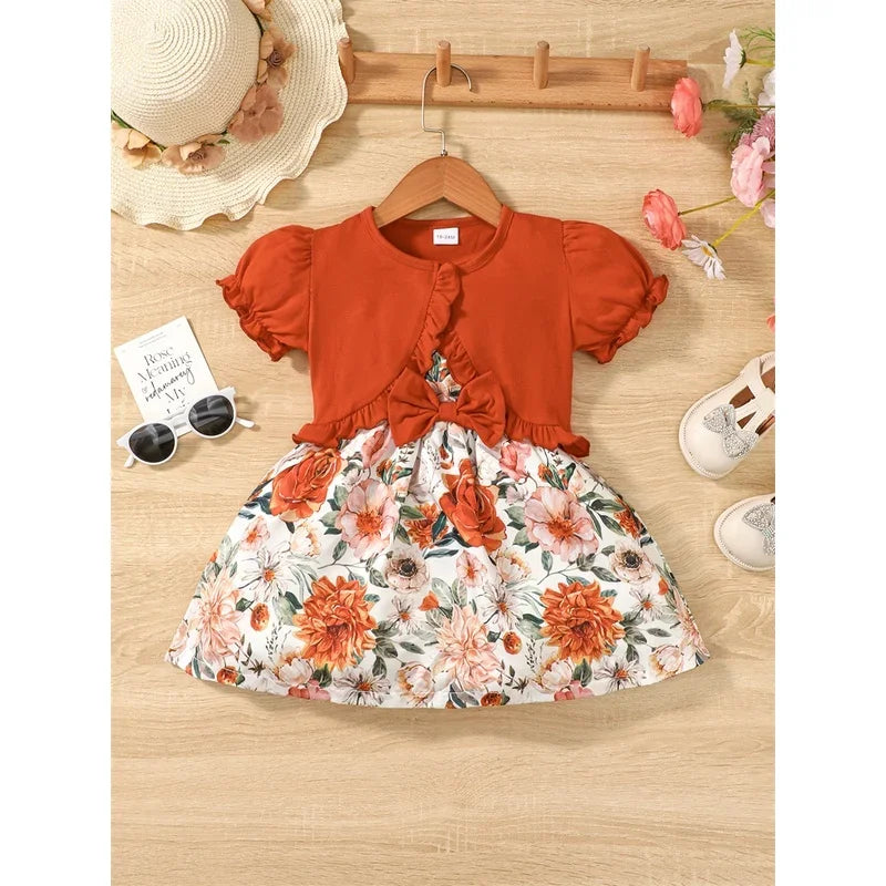 2PCS Children Girls Clothes Set Sling Floral Dress Solid Short Sleeves Overcoat Costume Summer Dress for Kids Girl 1-6 Years