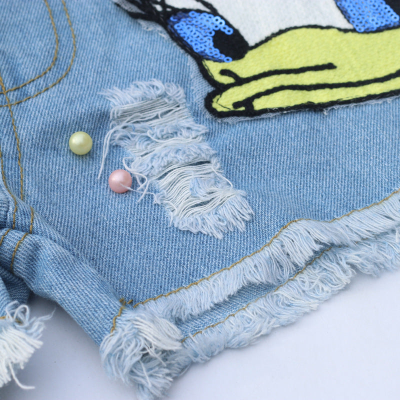 Summer Girls Fashion Sets Sequins Embroidery Broken Hole Pearl Denim Shorts Sleeve Donald Duck Little Kids Clothes Outfits