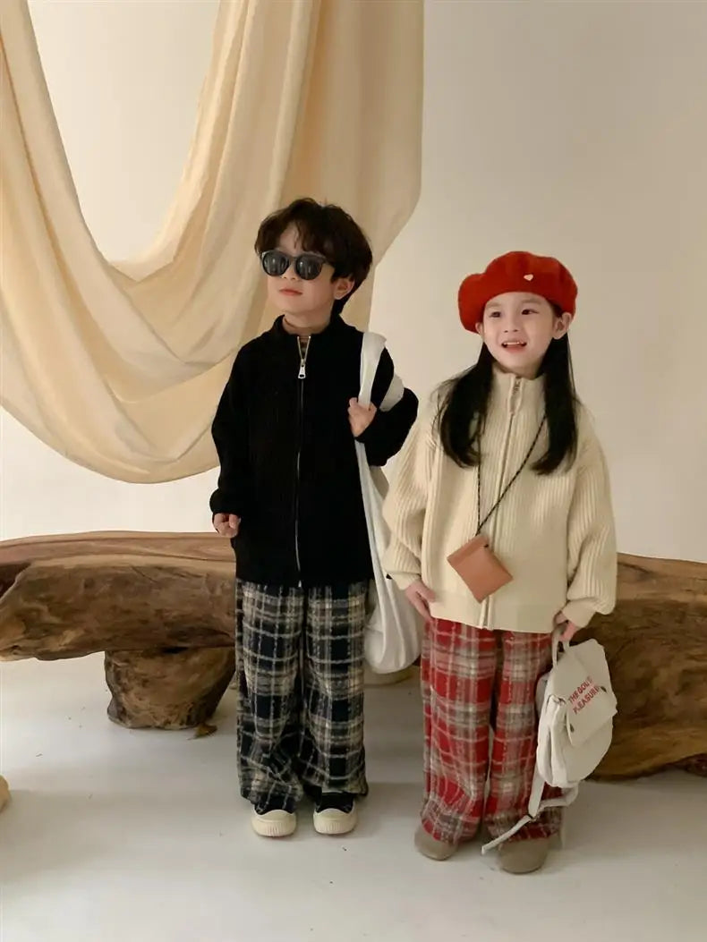 Kids Pants Plaid Printed Wide-leg Pants Winter Clothes for Girls Boy Clothes Boys Autumn and Winter Woolen Pants