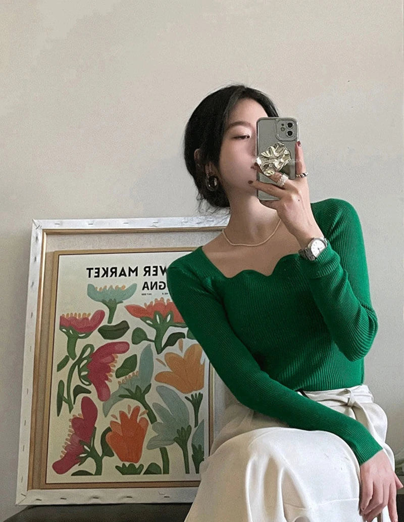 Knitted Pullovers Women Vintage Solid Sweaters Autumn Winter Korean Elegant Slim Knitwear Square Collar All Match Jumpers New