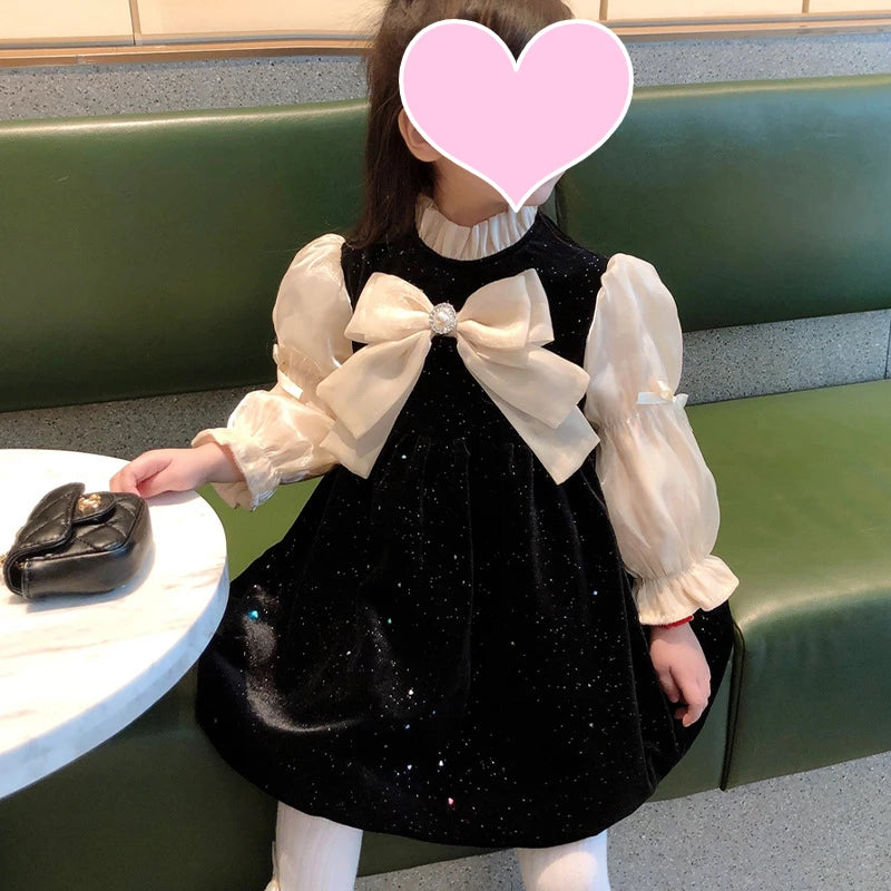 Girls Dress Spring and Autumn French Style Black Princess Dress Outer Wear Sweet Princess Dress Bow Clothing