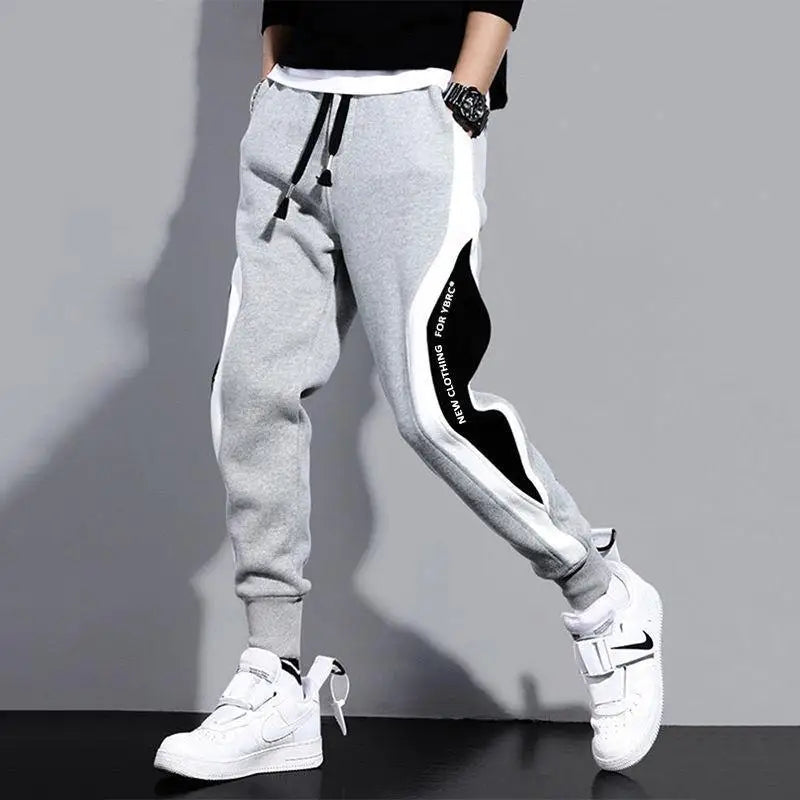 Spring Autumn Men's Wide Loose Casual Pants Mens Patchwork Nine-point Sports  Elastic Rope Breathable Tie-foot Trousers