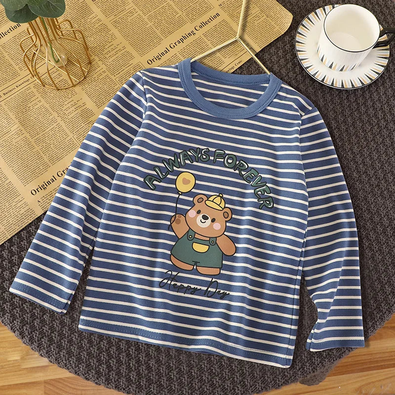 Baby Striped Shirt Autumn Winter Costume Child Boys Girls Cartoon Casual Loose Long-sleeved Tops Underwear