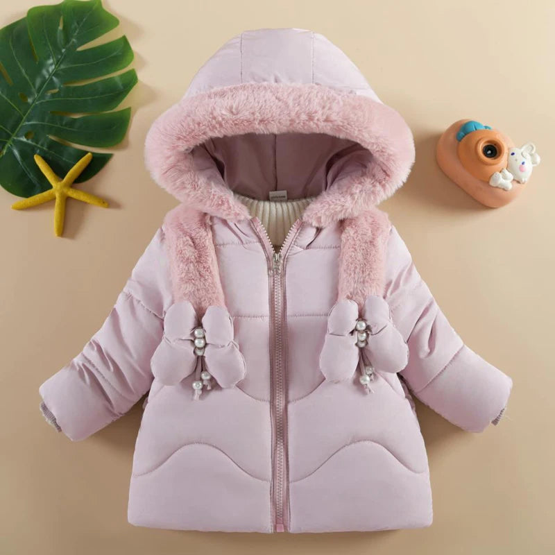 1 2 3 4 Years Baby Girls Jacket Winter New Solid Color Butterfly Decoration Lining Plush Warm Hooded Zipper Down Cotton Outwear