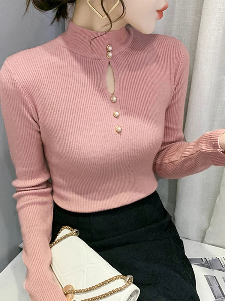 Autumn Winter Pullovers Women Hollow-out Sweaters Long Sleeve Half High Collar Sweater Female Slim Korean Knitwears Tops 2024