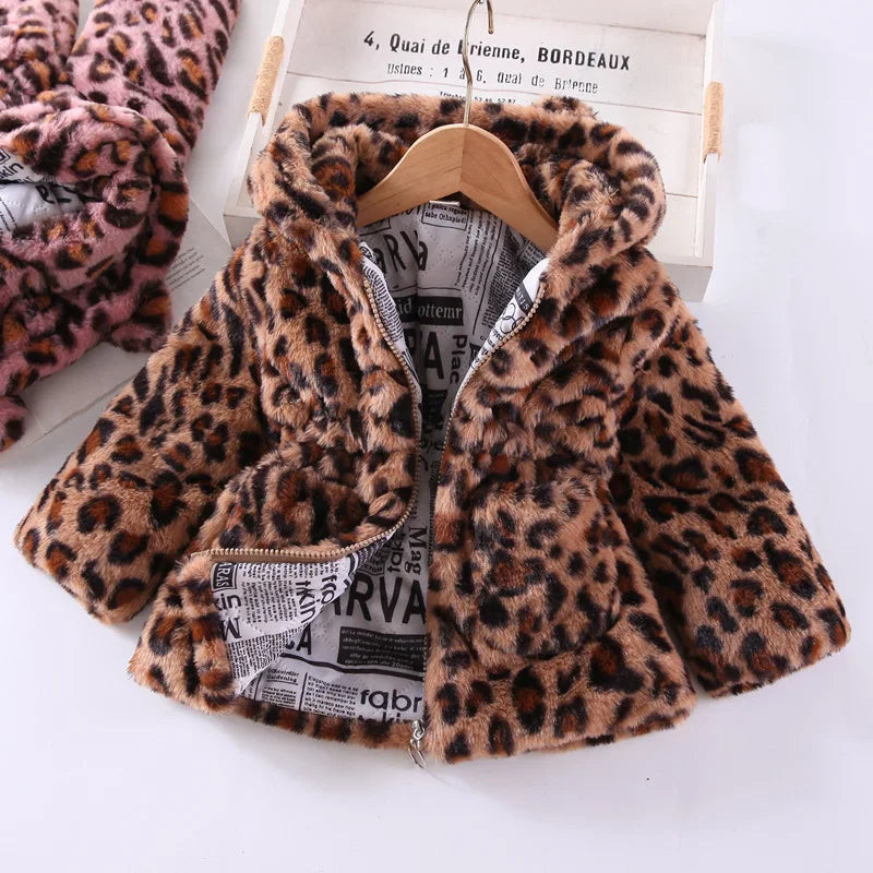 Autumn Winter Plush Baby Girls Jacket Fashion Leopard Print Warm Faux Fur Coat For Girls Hooded Outerwear 2-8 Years Kids Clothes