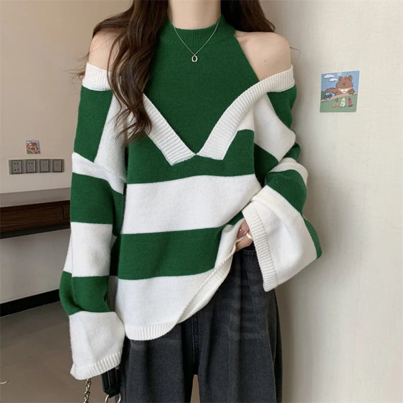 Y2K Stripe Halter Women Sweaters Korean Knitted Loose Patchwork Female Pullovers Autumn Preppy Style All Match Chic Ladies Tops