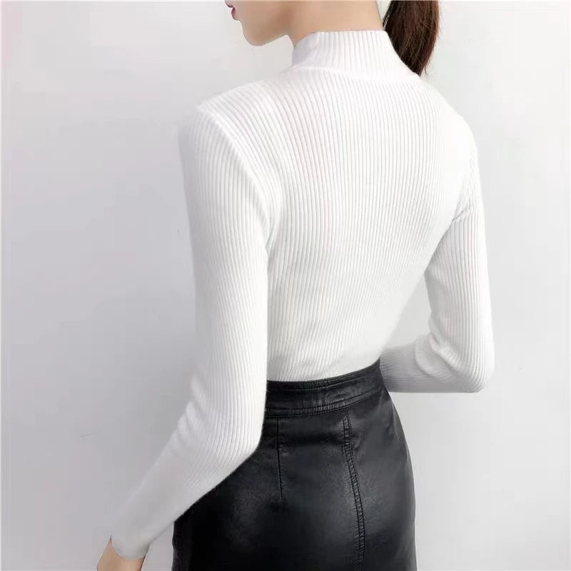 Autumn High Collar Long Sleeve Skinny Elastic Casual Tops Bottoming Sweater Women Basics Knitted Shirts Warm Knitwear Pullovers