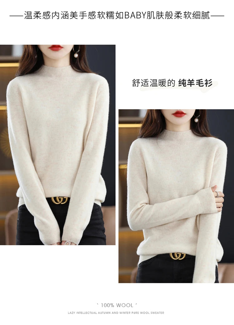 100% merino wool cashmere sweater women's sweater semi-high-necked long-sleeved pullover warm pullover in autumn and winter